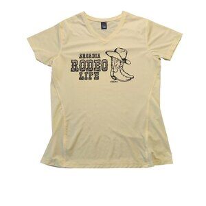 Arcadia Rodeo Life T-Shirt Cowgirl Boots V-Neck Western Yellow‎ Womens Medium